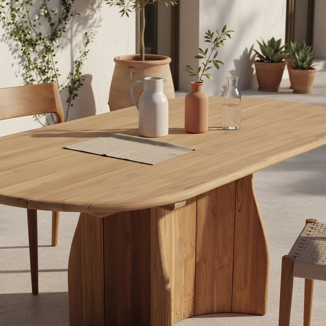 Table de jardin ovale en teck recyclé naturel, 200x90 cm, bois clair veiné