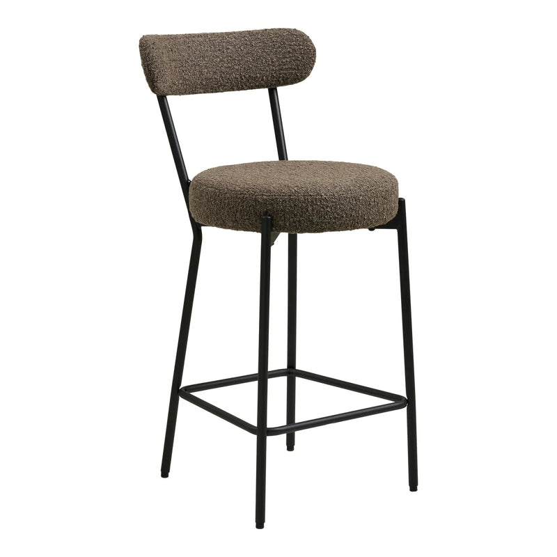 Barhocker aus Bouclé in Taupe mit gerundeter Rückenlehne und schwarzen Metallbeinen