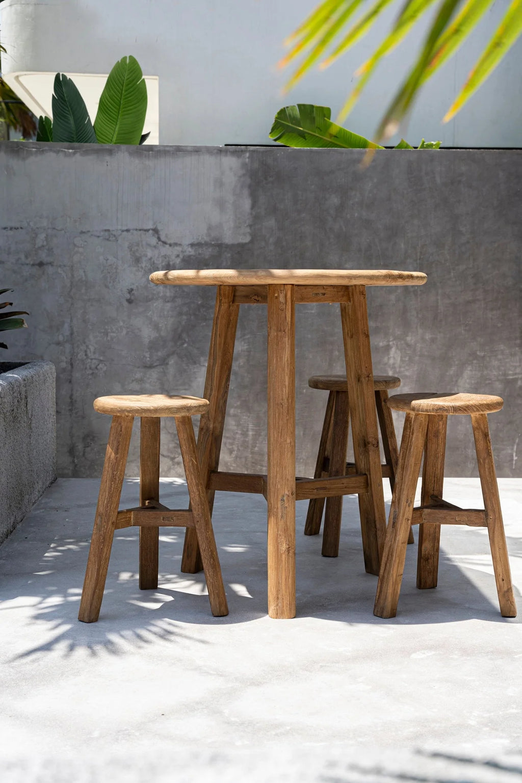 Tabouret de bar en teck recyclé naturel H66 cm, set bistro extérieur
