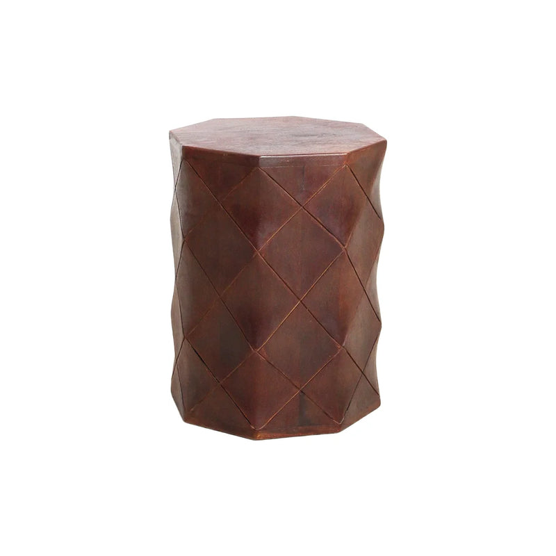 Hocker aus Mangoholz in brauner Lederoptik mit Rautenmuster – H45 cm