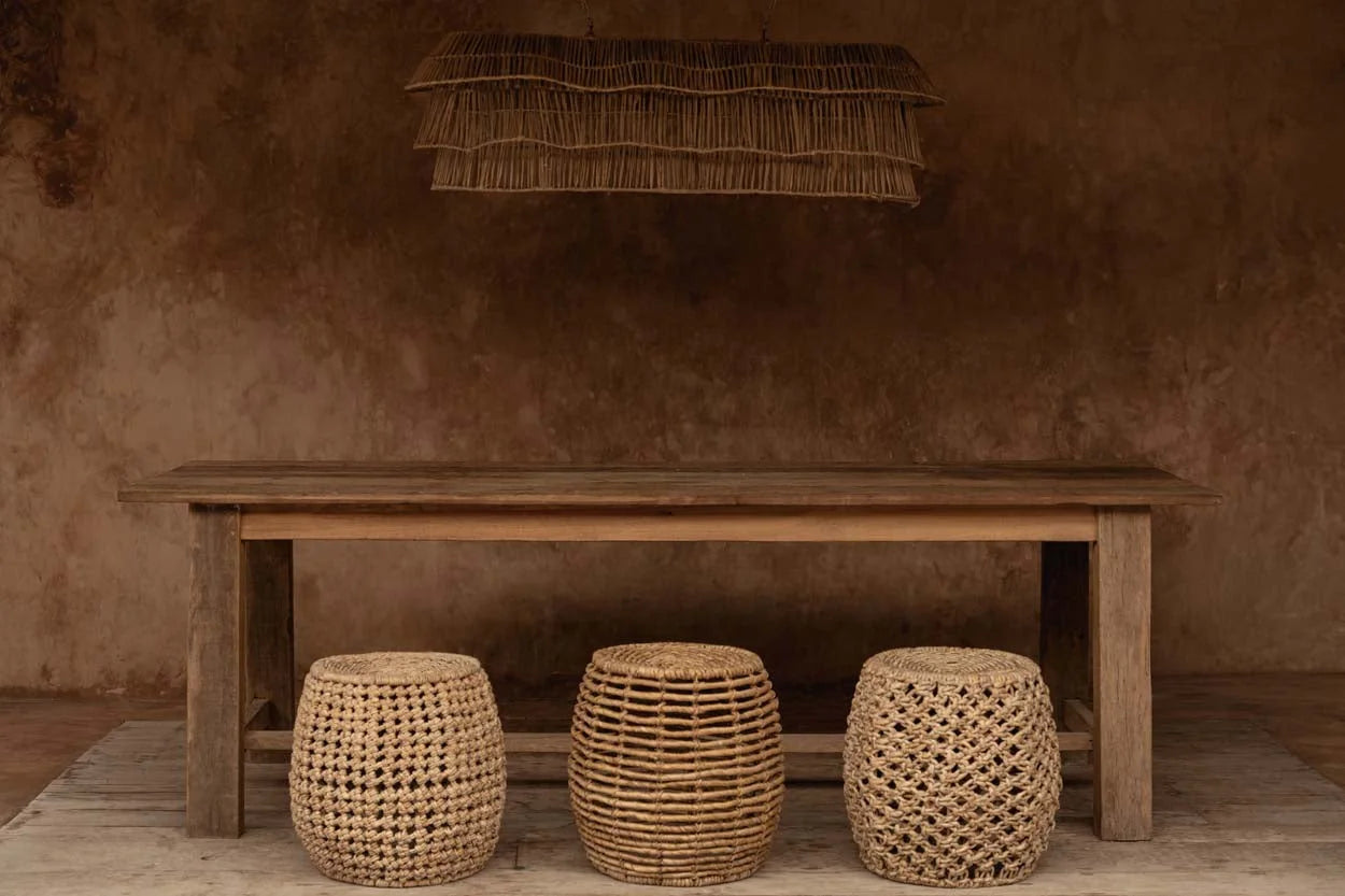 Tabouret en fibres naturelles tressées beige Ø48 cm à motifs texturés