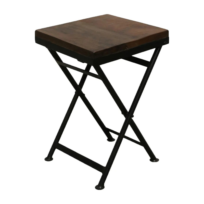 Klapphocker aus recyceltem Holz in Braun und schwarzem Metall – 30x30x45 cm