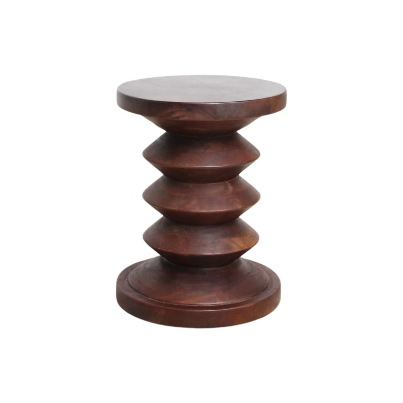 Runder Hocker aus geschnitztem Mangoholz in Dunkelbraun – H45 cm