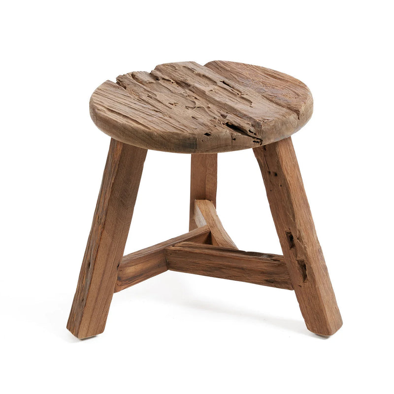 Runder Hocker aus recyceltem Teakholz, roh belassen – Ø37 cm