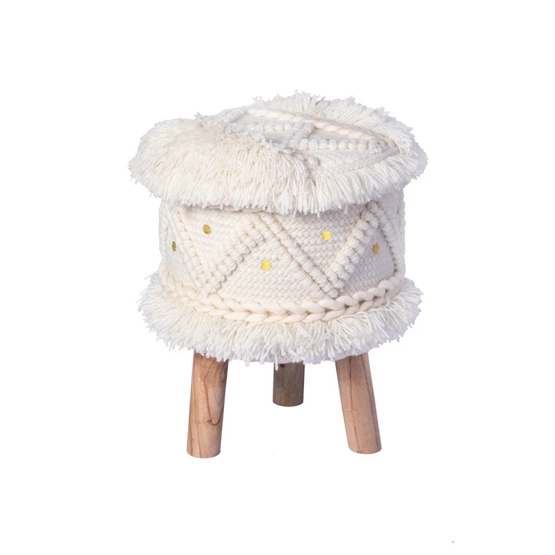 Runder Hocker aus gewebter Wolle in Creme mit Fransen und Beinen aus Naturholz – H50 cm