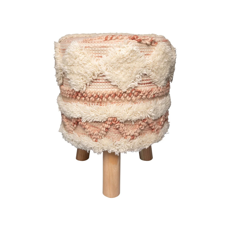 Runder getufteter Hocker in Creme und Rosa aus Wolle und Baumwolle mit hellem Holz – H50 cm