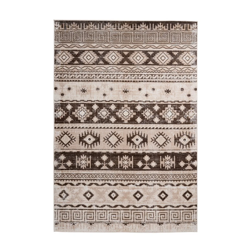 Ethno-Teppich mit geometrischen Mustern in Taupe und Beige