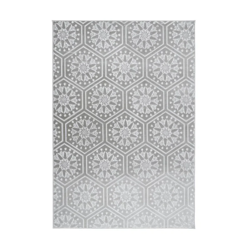 Grafischer Kurzflor-Teppich in Grau und Weiß mit Relief in Samtoptik