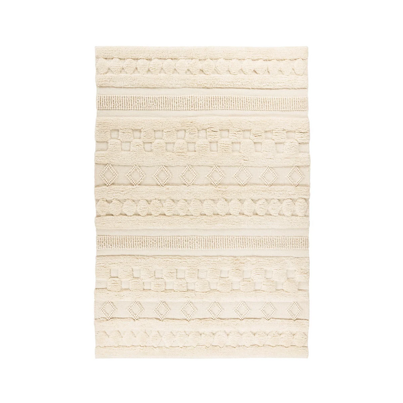 Teppich aus Woll-Baumwoll-Mix in Ecru mit geometrischer Struktur
