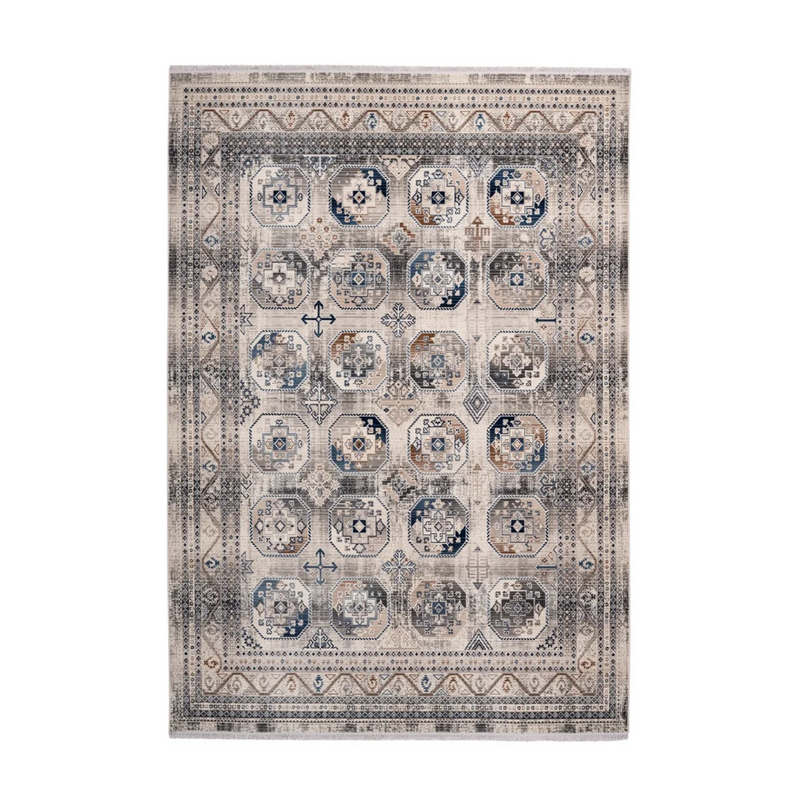Kurzflor-Teppich im Orient-Stil mit Medaillons in Blau und Beige