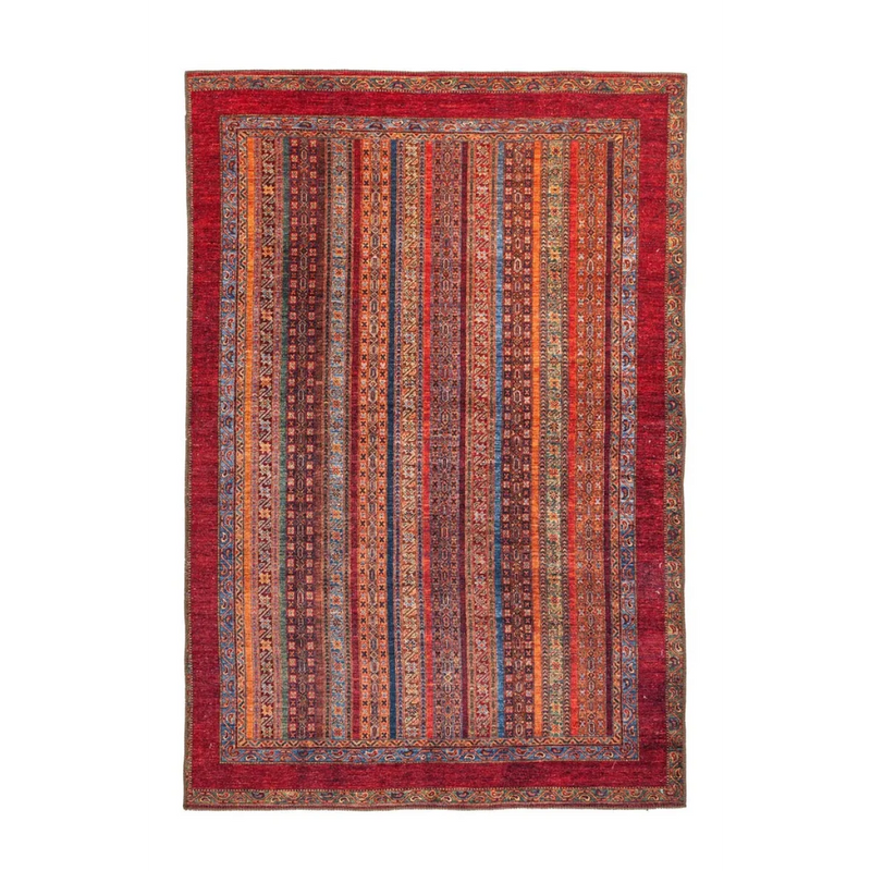 Teppich im Orient-Stil mit roten und bunten Streifen, Flachgewebe