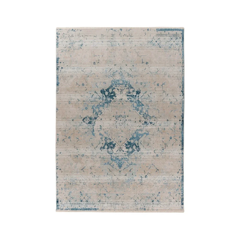 Rechteckiger Teppich im Orient-Stil in Beige und Blau mit zentralem Muster