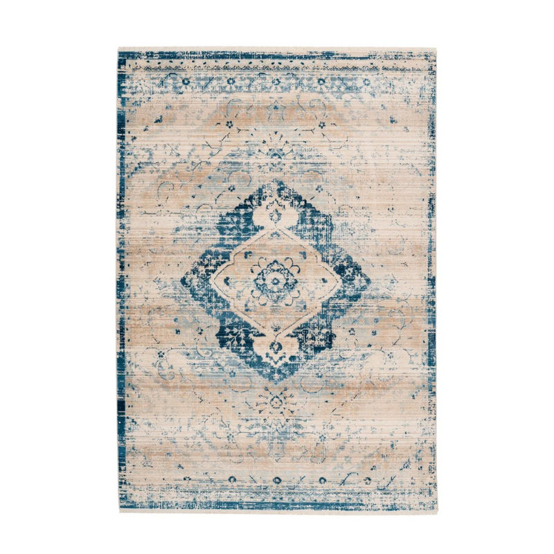 Rechteckiger Teppich im Orient-Stil mit Medaillon in Creme und Blau, Kurzflor – 120x170 cm