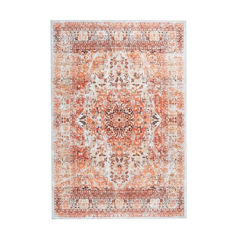 Rechteckiger Teppich im Orient-Stil mit Medaillon in Terrakotta und Beige
