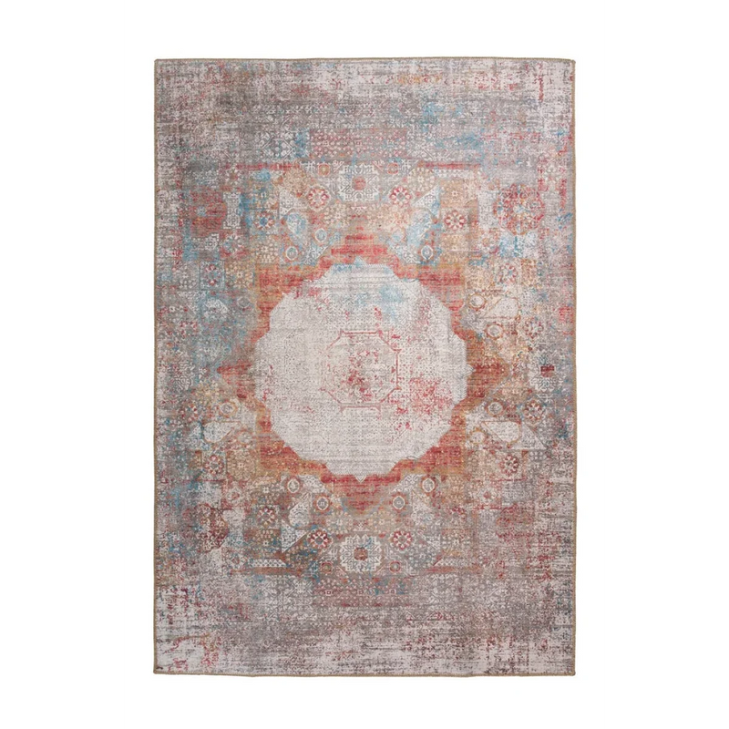 Rechteckiger Teppich im Orient-Stil mit Medaillon in Terrakotta und Blau