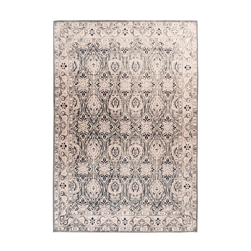 Rechteckiger Teppich im Orient-Stil Beige mit blaugrauen Mustern, Samtoptik