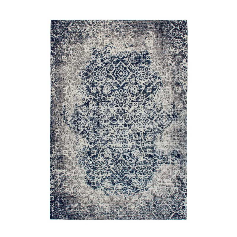 Rechteckiger Teppich im Orient-Stil in Blau und Ecru, Vintage-Optik