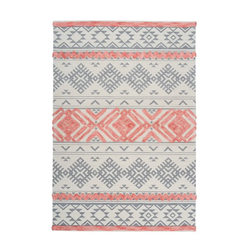 Rechteckiger Ethno-Teppich in Grau und Koralle aus Baumwoll-Polyester-Mix