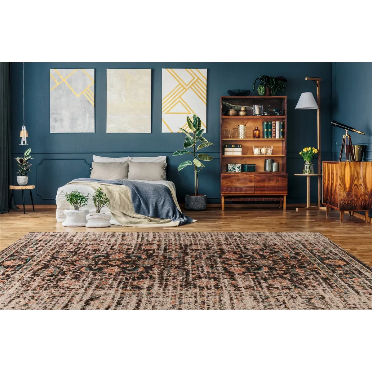 Tapis rectangulaire à motifs persans vieillis noir terracotta 200x290 cm