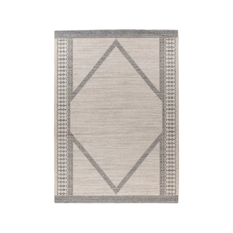 Rechteckiger Teppich in Beige mit geometrischen Mustern, flach gewebt
