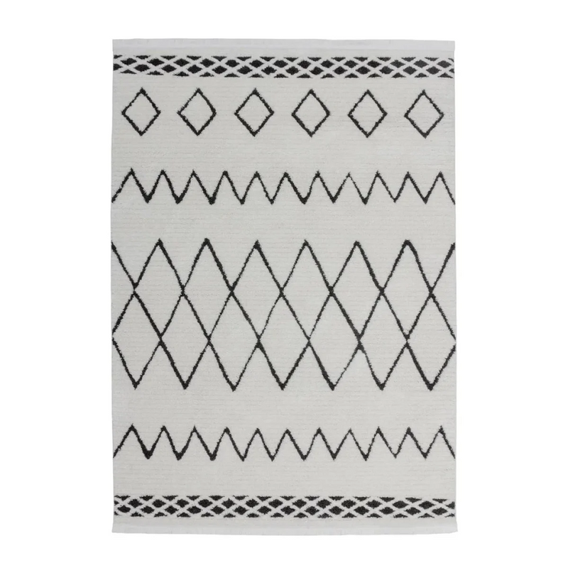 Rechteckiger Teppich in Weiß mit schwarzen geometrischen Mustern