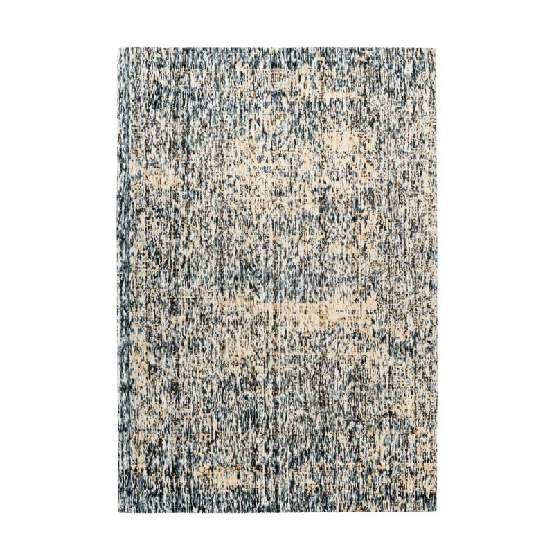 Rechteckiger Teppich aus Viskose in Creme und Blau, meliert