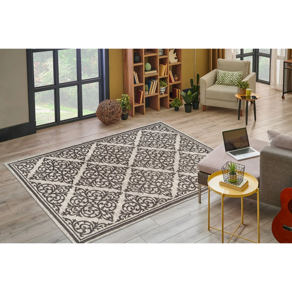 Tapis rectangulaire écru et gris avec motif damassé complexe