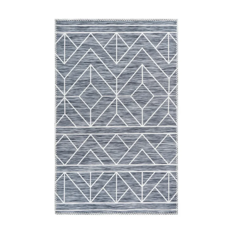 Rechteckiger Teppich in Grau mit geometrischem Muster und Fransen
