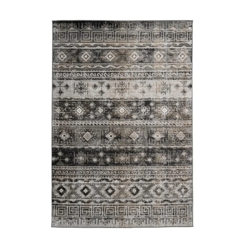 Rechteckiger Ethno-Teppich in Grau mit geometrischen Mustern