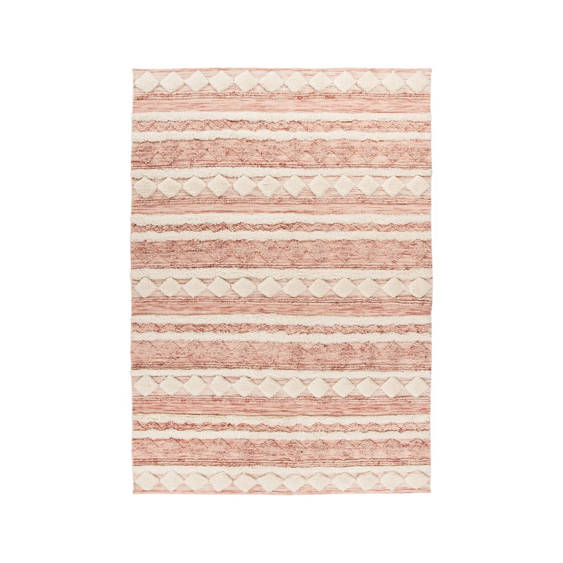 Rechteckiger Teppich aus Woll-Baumwoll-Mix in Rosa und Creme mit geometrischem Muster