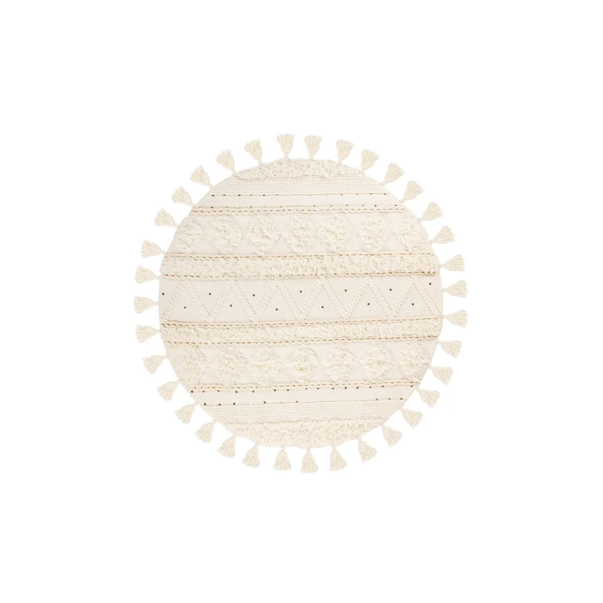 Tapis rond en laine crème avec motifs géométriques, tassels et couture décorative