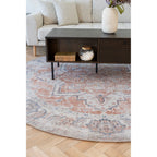 Tapis rond vintage persan orange et bleu Ø200 cm motif pêsse et gris fané