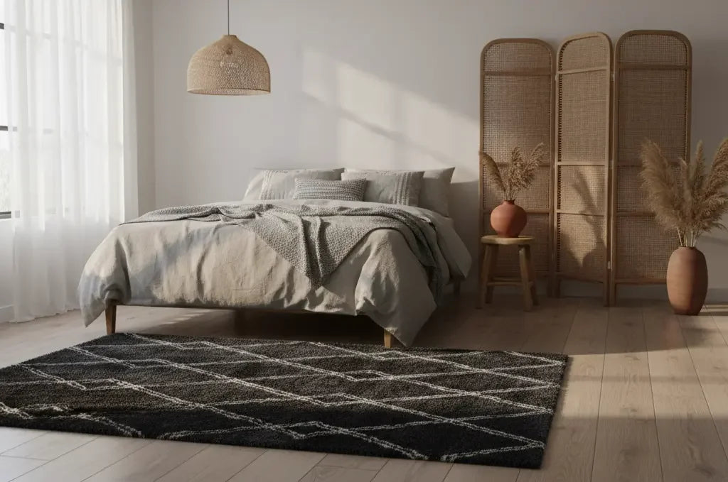 Image d’une chambre chaleureuse avec une housse de duvet gris clair et une couverture anthracite et écru en polyester Tapis shaggy à losanges
