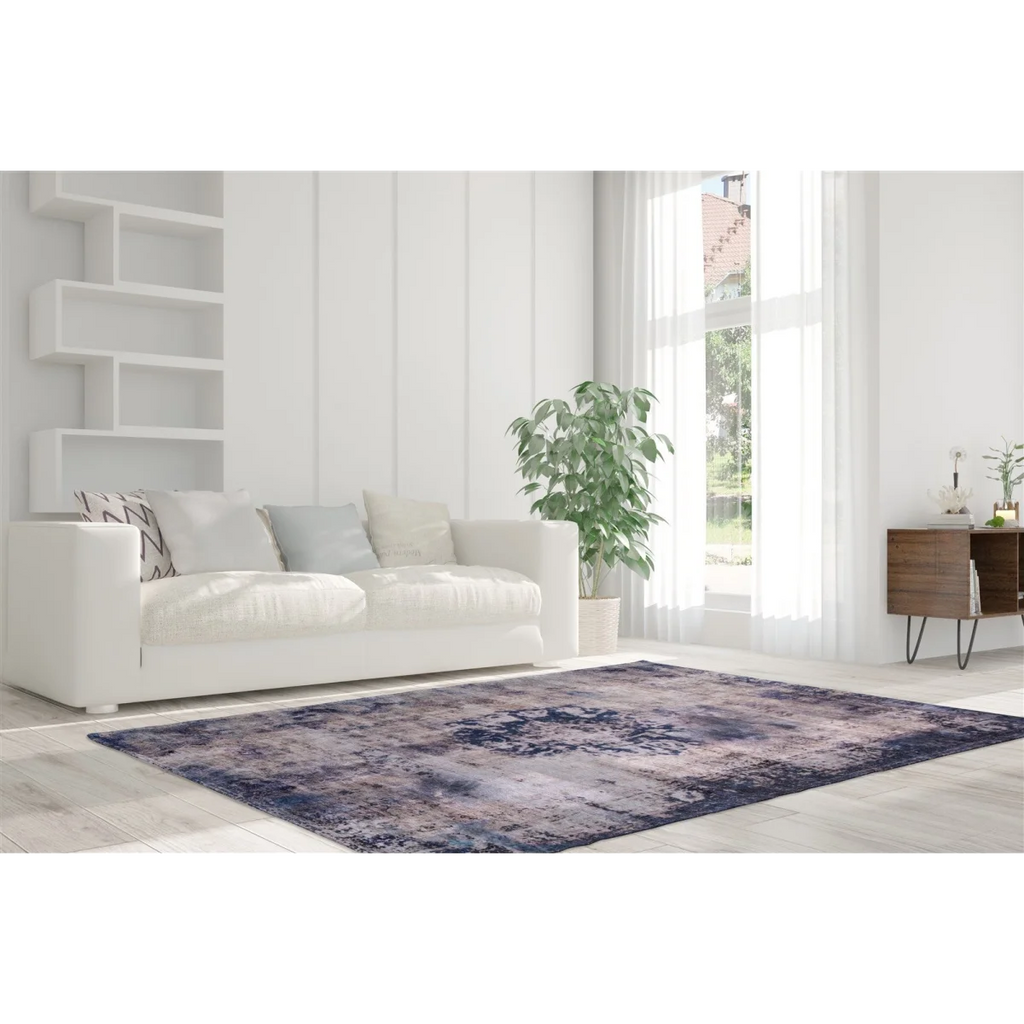 Tapis vintage rectangulaire à médaillon bleu et fond patiné avec motif abstrait
