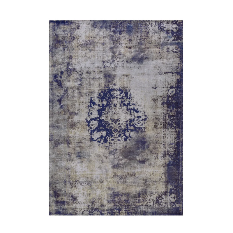 Rechteckiger Vintage-Teppich mit blauem Medaillon auf patiniertem Grund