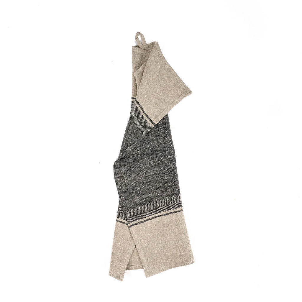 Torchon de cuisine lin bicolore noir beige herringbone 50x70 cm