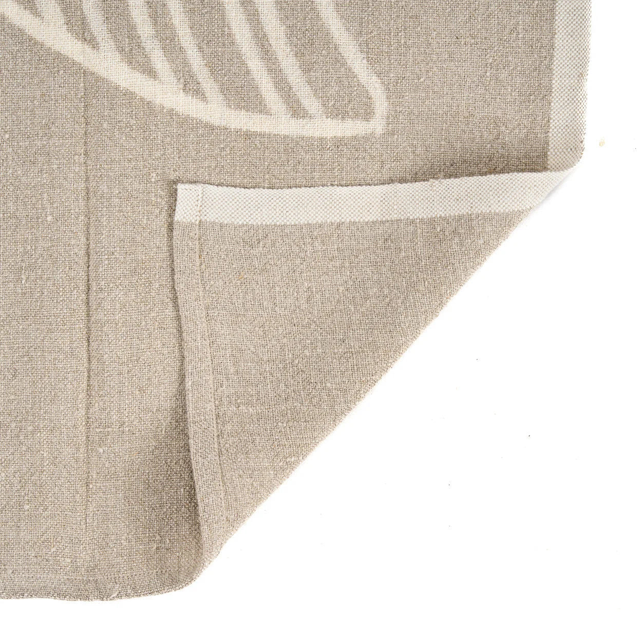 Torchon en lin naturel beige avec hibou brodé blanc et bordure assortie