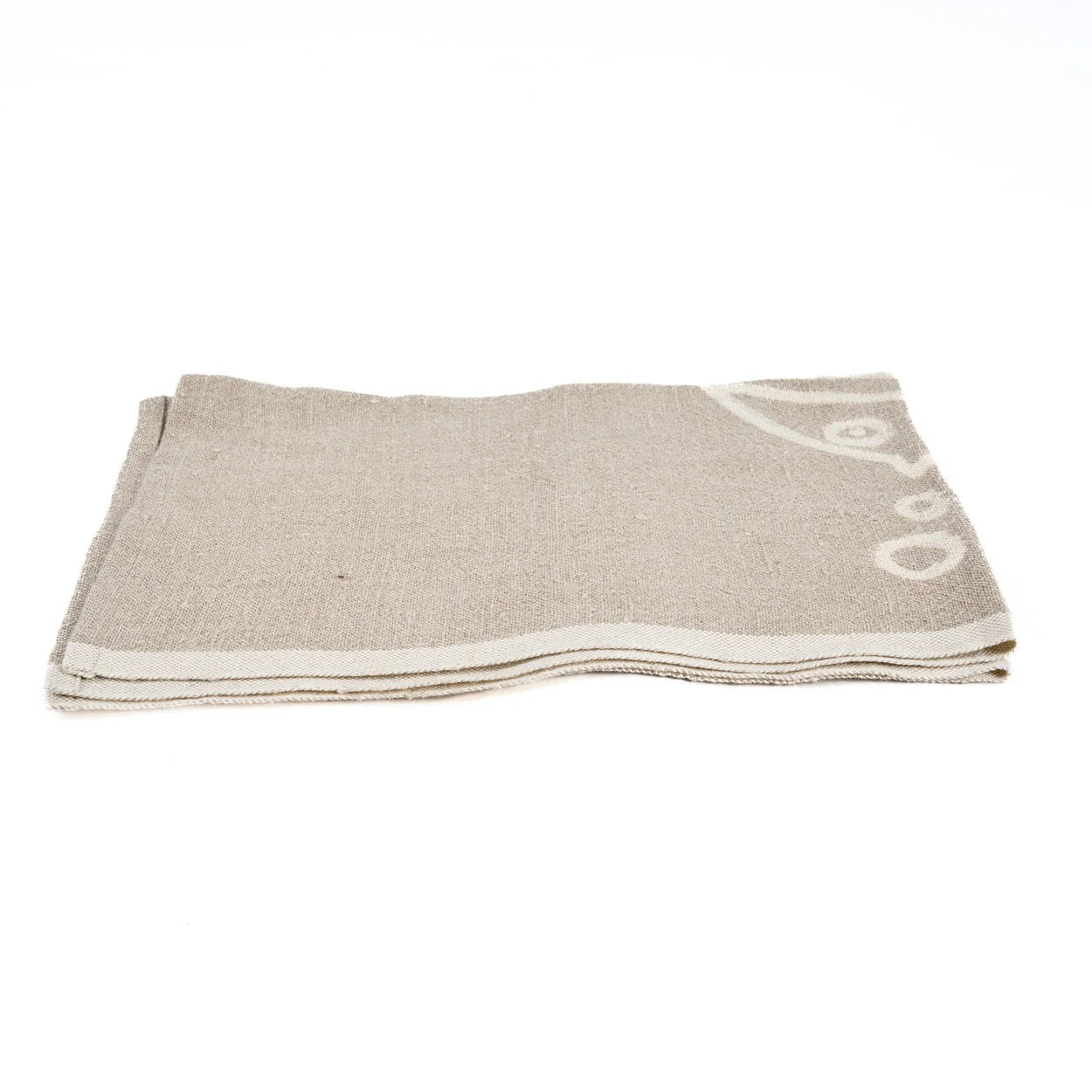Torchon en lin naturel beige avec motif poisson et bulles brodé blanc