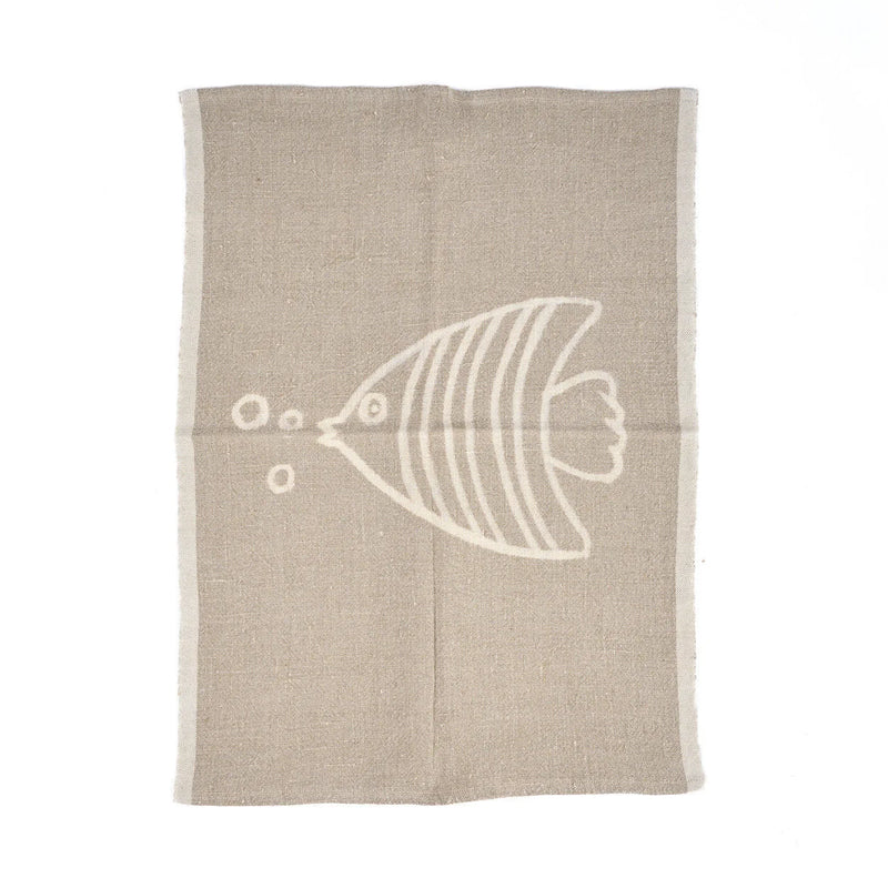 Geschirrtuch aus Naturleinen mit Fisch-Motiv in Ecru