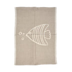 Torchon en lin naturel beige motif poisson blanc à rayures et bulles