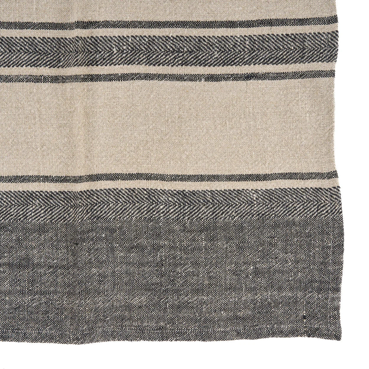 Torchon en lin naturel rayé noir et beige, motif chevron, texture laine