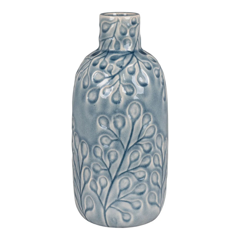 Keramikvase in Blau mit floralem Relief und schmalem Hals – H26 cm
