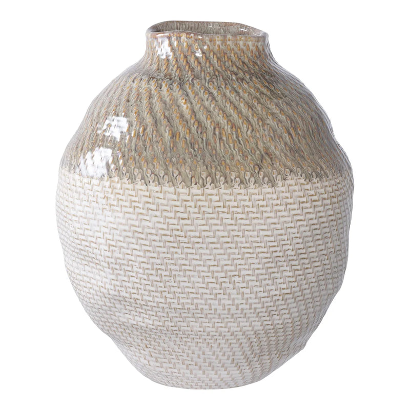 Bauchige Keramikvase in Cremeweiß und Taupe mit Flechtrelief – H30 cm