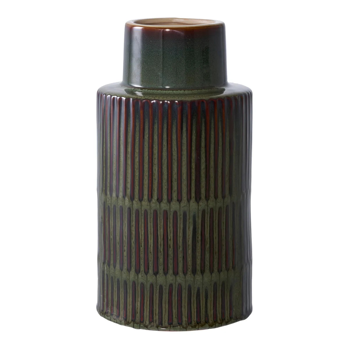 Vase en céramique vert bouteille et brun relief rainuré H30 cm