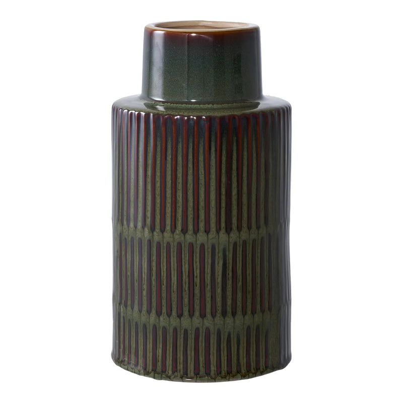 Keramikvase in Flaschengrün und Braun mit Rillenrelief – H30 cm