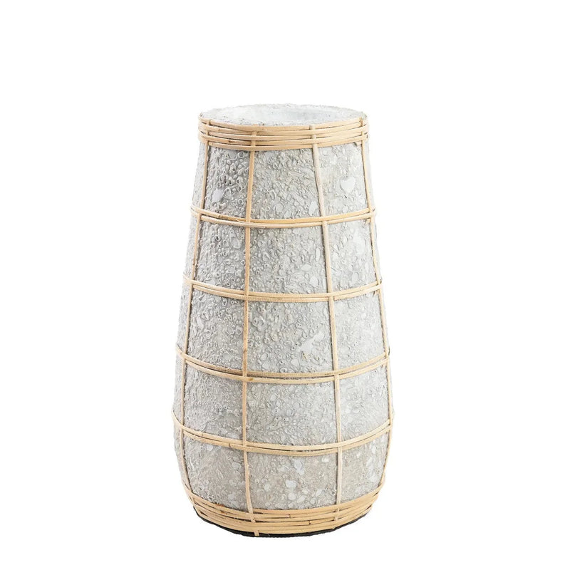 Konische Vase aus Terrakotta und Rattan in Betonoptik natur – H26 cm