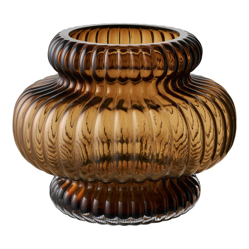 Vase déco en verre fumé ambré relief fluté forme citrouille – Ø20 cm