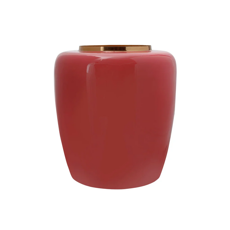 Runde Deko-Vase aus emailliertem Metall in Koralle und Gold – H36,5 cm
