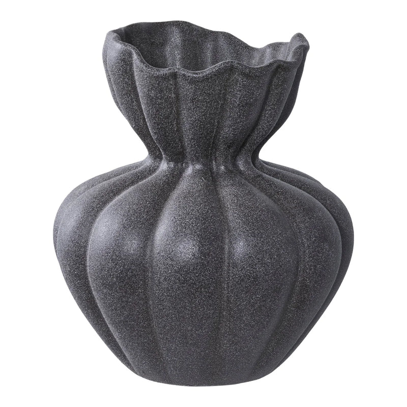 Dekovase aus Keramik in Anthrazit in Steinoptik mit gewelltem Hals – H19 cm