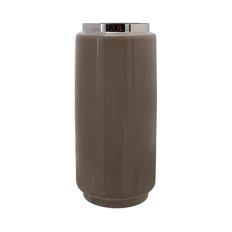 Zylindrische Deko-Vase aus Metall in Taupe mit verchromtem Hals – H30 cm
